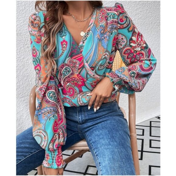 Boho Paisley Print Surplice Blouse - Picture 1 of 5